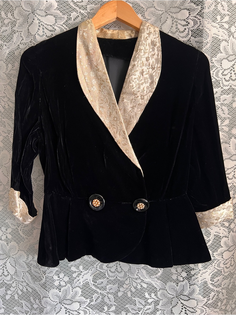 Vintage Black Velvet Jacket with Gold Brocade Collar